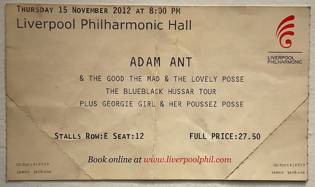 Adam Ant Original Autographed Signed Concert Ticket Philharmonic Hall Liverpool 15th Nov 2012