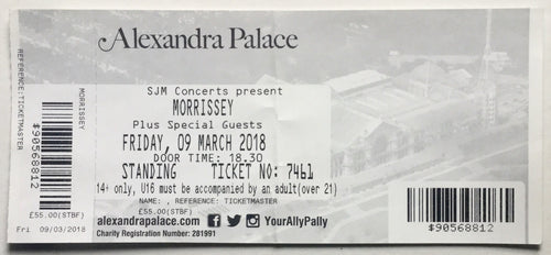 Smiths Morrissey Original Unused Concert Ticket Alexandra Palace London 9th Mar 2018