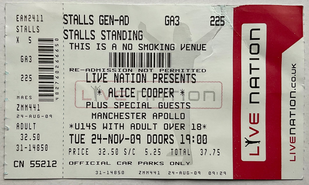 Alice Cooper Original Unused Concert Ticket Apollo Theatre Manchester 24th Nov 2009