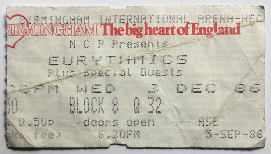 Eurythmics Original Used Concert Ticket NEC Birmingham 3rd Dec 1986