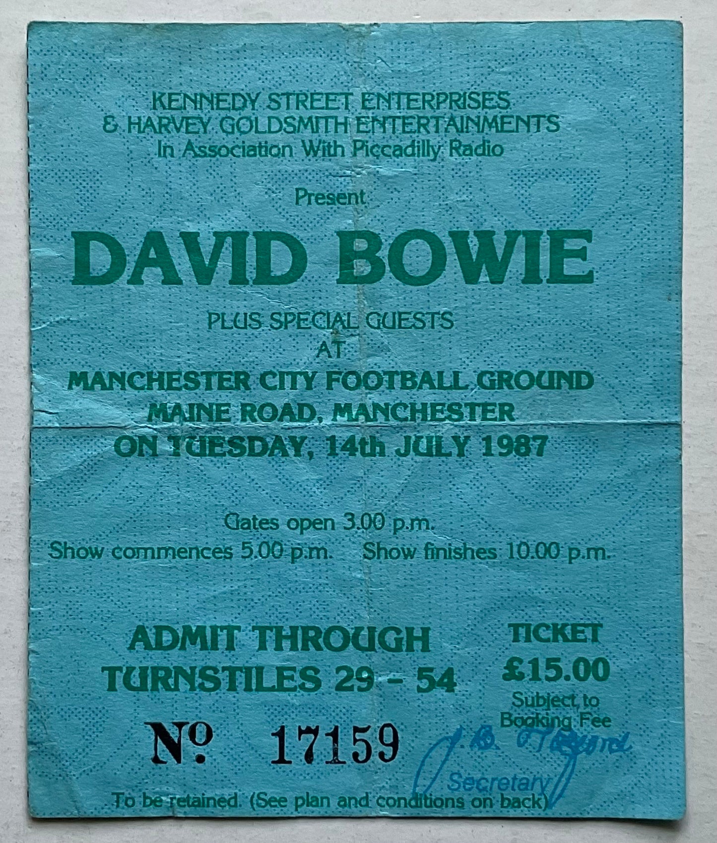 David Bowie Original Used Concert Ticket Manchester City Football Ground 14th July 1987