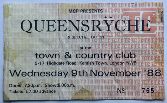 Queensryche Original used Concert Ticket Town & Country Club London 9th Nov 1988