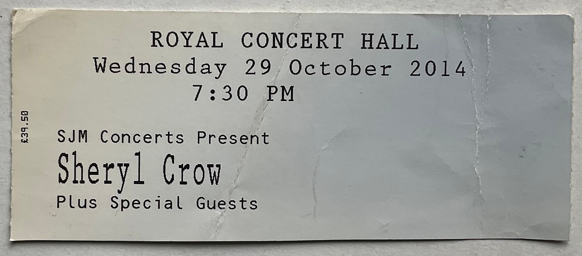 Sheryl Crow Original Used Concert Ticket Royal Concert Hall Nottingham 29th Oct 2014