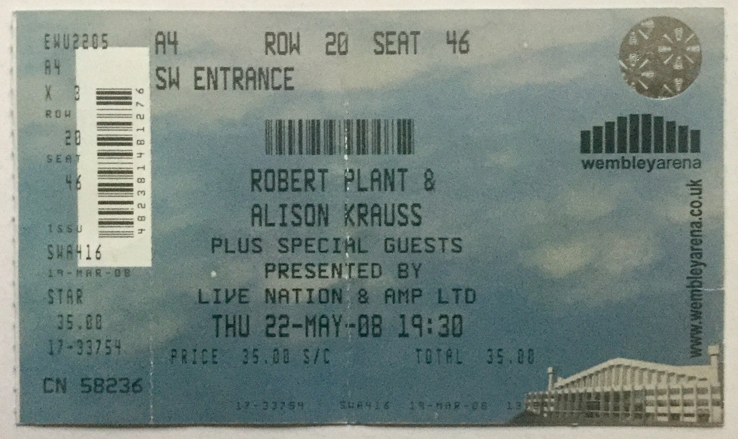 Led Zeppelin Robert Plant Alison Krauss Original Unused Concert Ticket Wembley Arena London 22nd May 2008