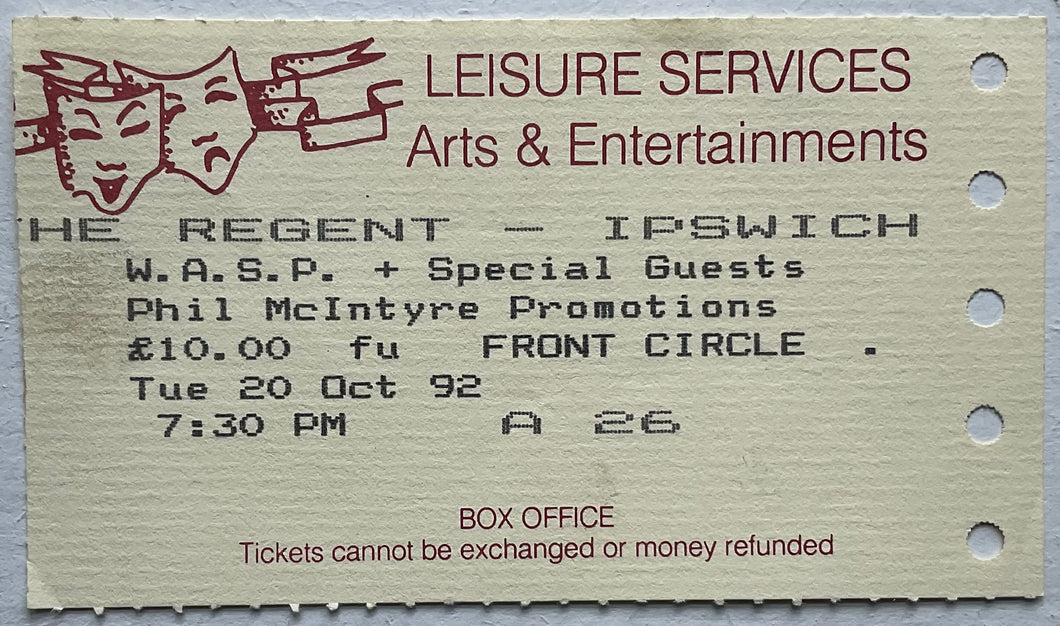 W.A.S.P. Wasp Original Used Concert Ticket Regent Ipswich 20th Oct 1992