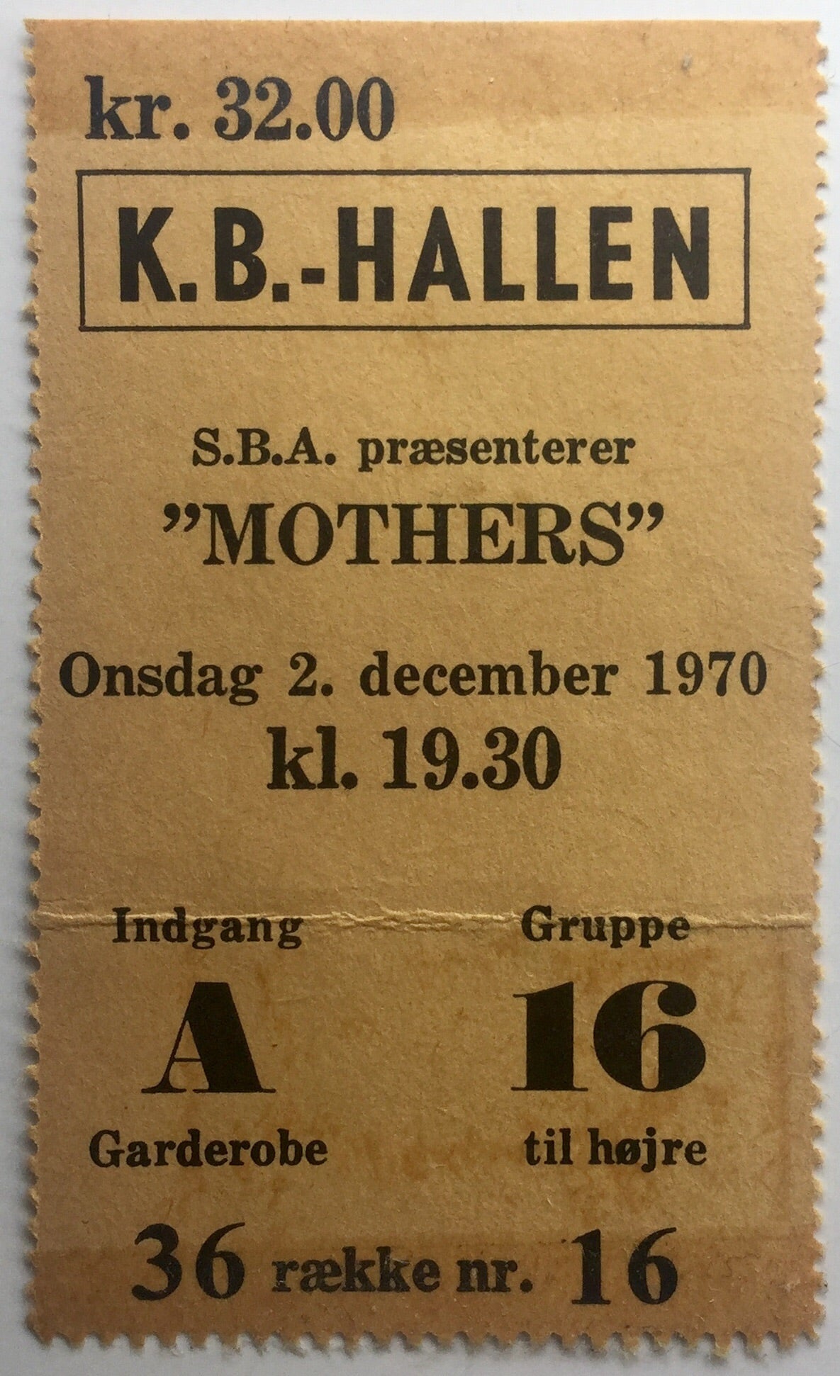 Frank Zappa Original Used Concert Ticket KB Hallen Copenhagen 2nd Dec 1970