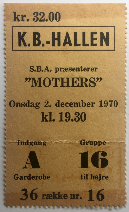 Frank Zappa Original Used Concert Ticket KB Hallen Copenhagen 2nd Dec 1970