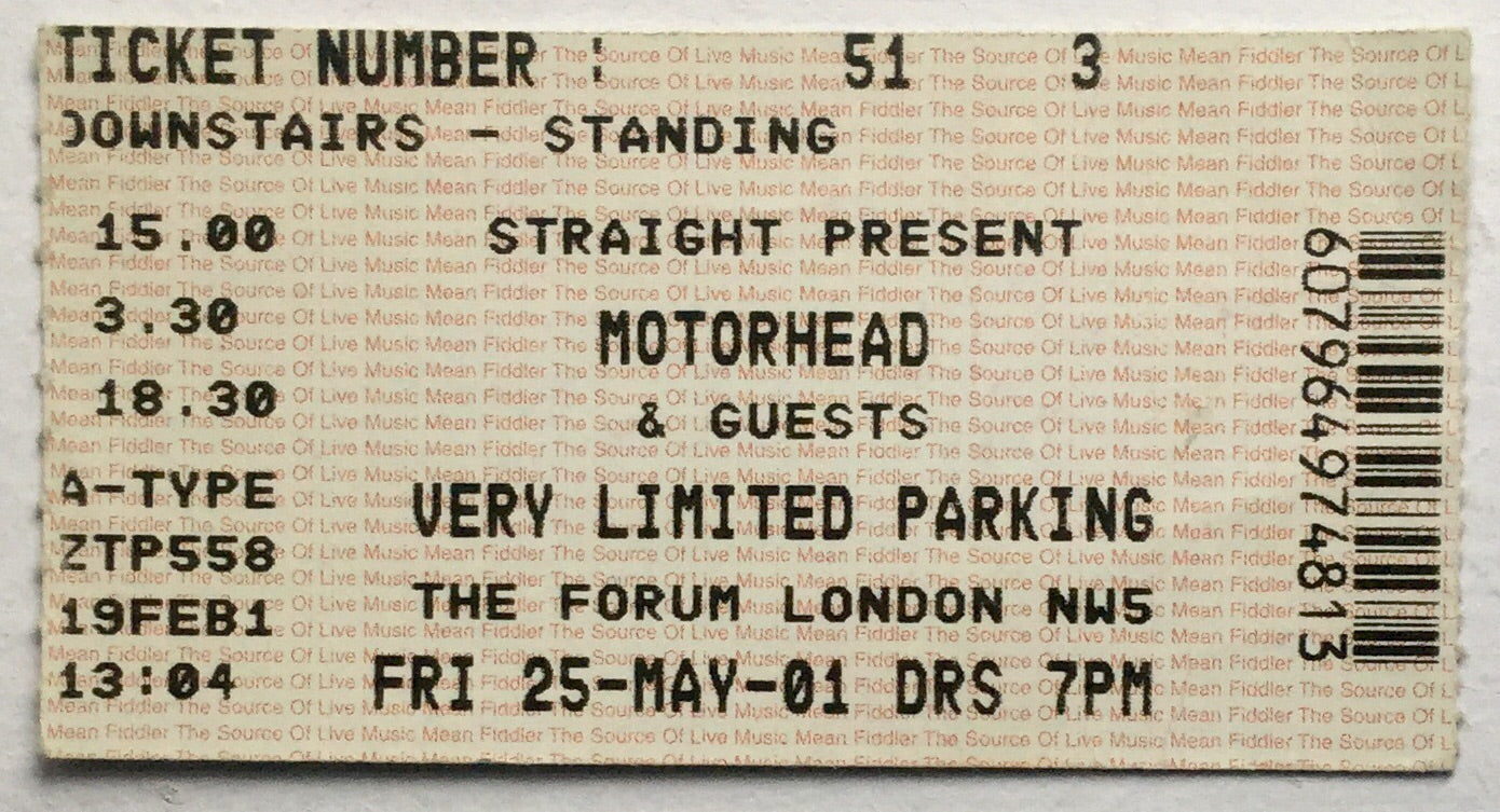 Motorhead Original Used Concert Ticket The Forum London 25th May 2001