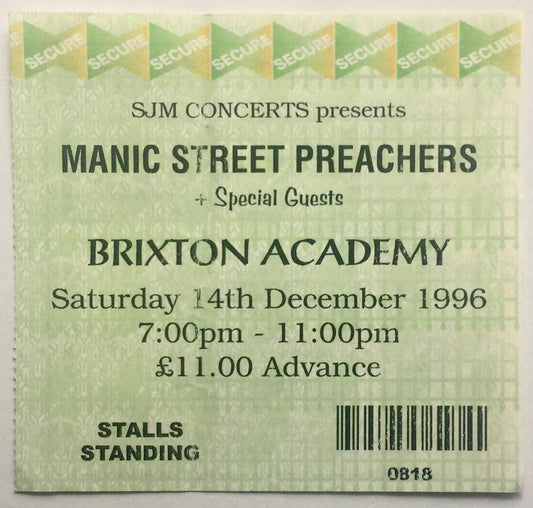 Manic Street Preachers Original Used Concert Ticket Brixton Academy London 14th Dec 1996