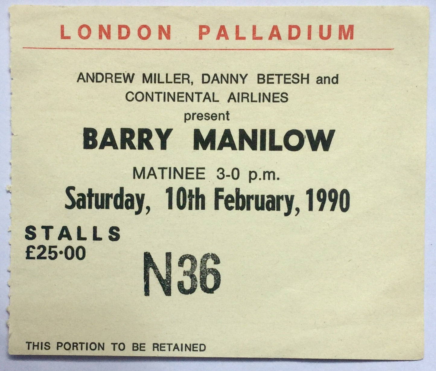 Barry Manilow Original Used Concert Ticket London Palladium 10th Feb 1990