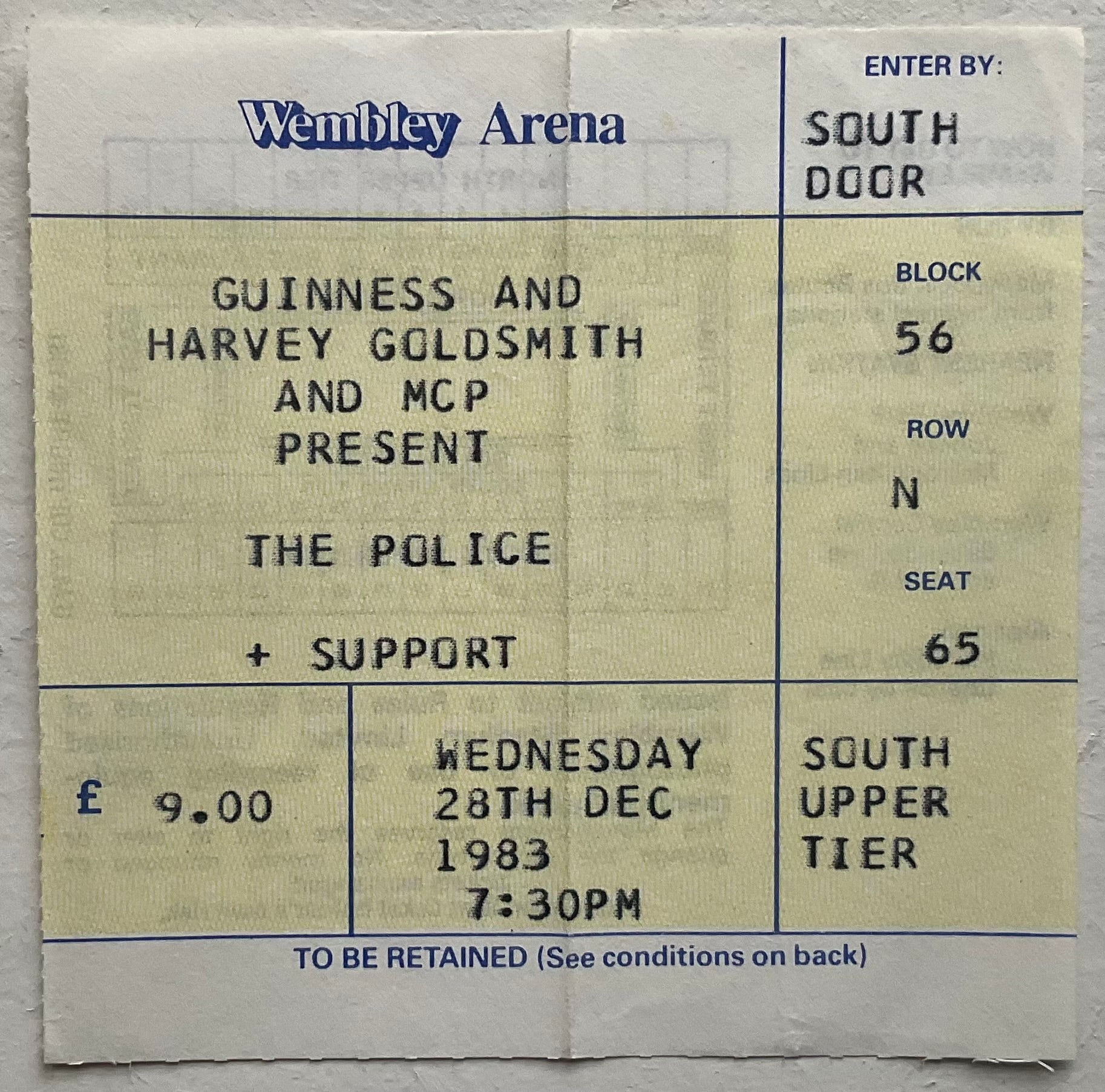Police Original Used Concert Ticket Wembley Arena London 28th Dec 1983