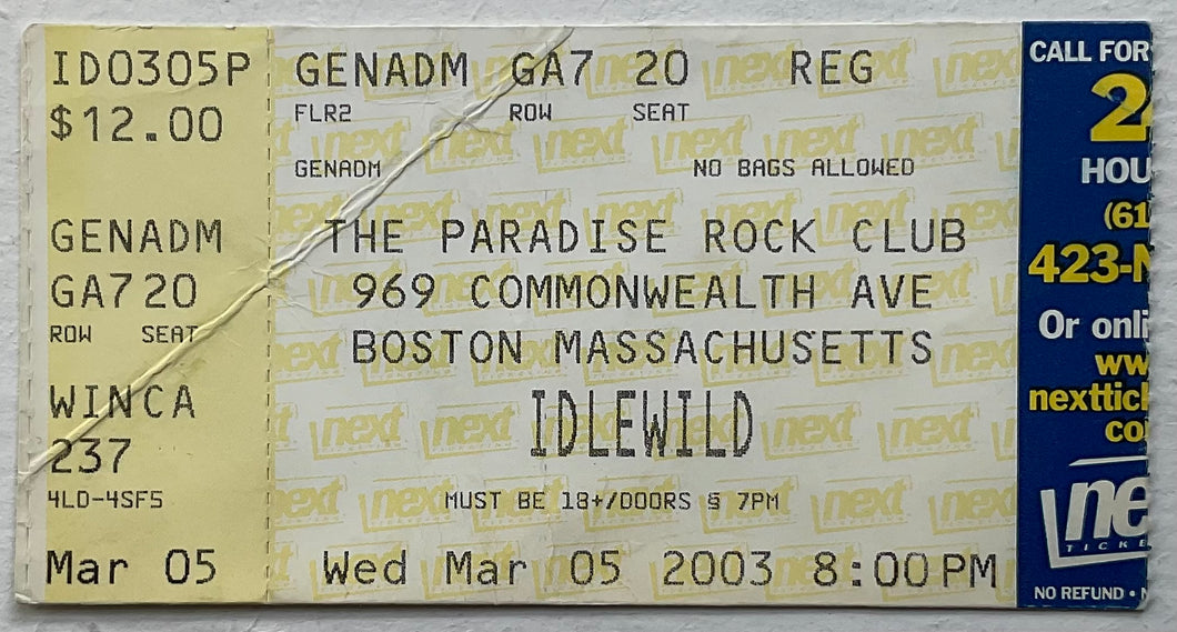 Idlewild Original Unused Concert Ticket Paradise Rock Club Boston 5th Mar 2003