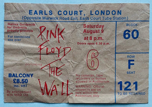 Pink Floyd Original Used Concert Ticket Earls Court London 9th Aug 1980