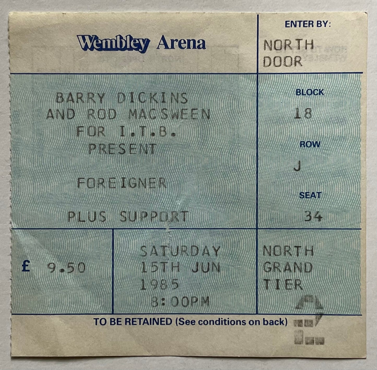 Foreigner Original Used Concert Ticket Wembley Arena London 15th June 1985
