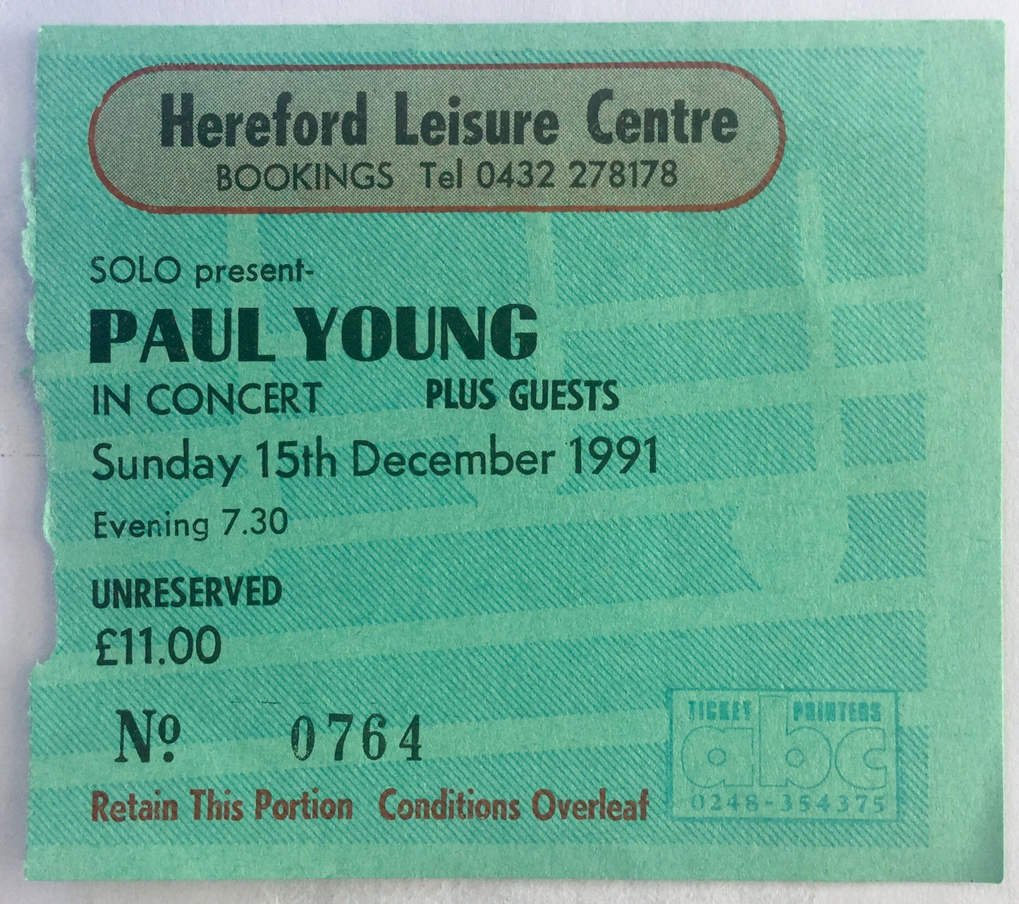 Paul Young Original Used Concert Ticket Hereford Leisure Centre 15th Dec 1991