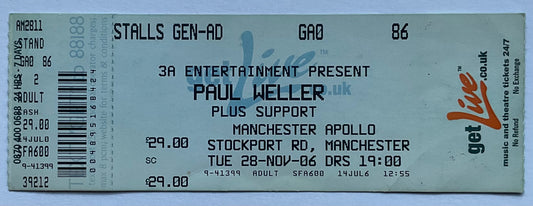 Paul Weller Original Unused Concert Ticket Apollo Theatre Manchester 28th Nov 2006