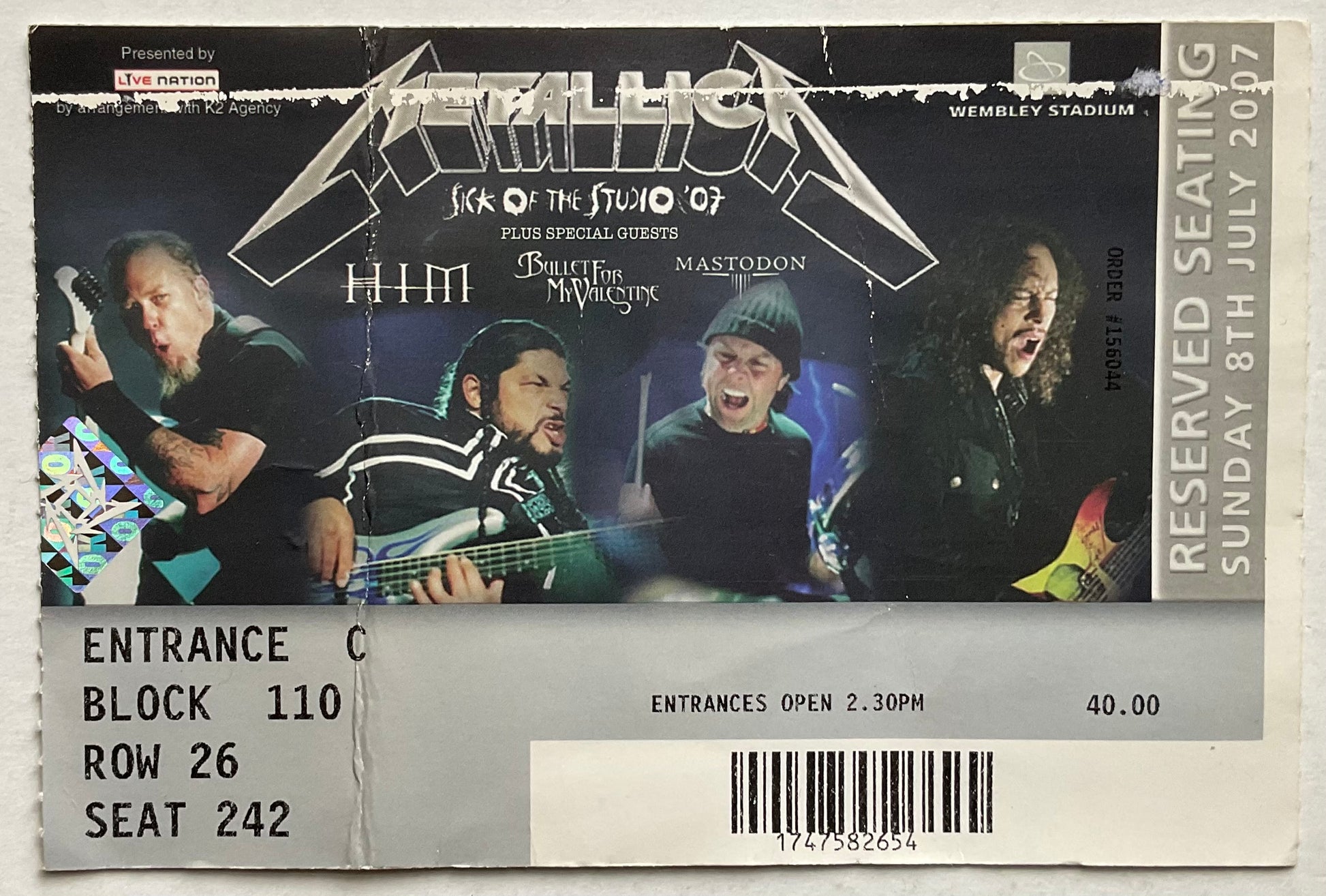 Metallica Original Used Concert Ticket Wembley Stadium 8th Jul 2007