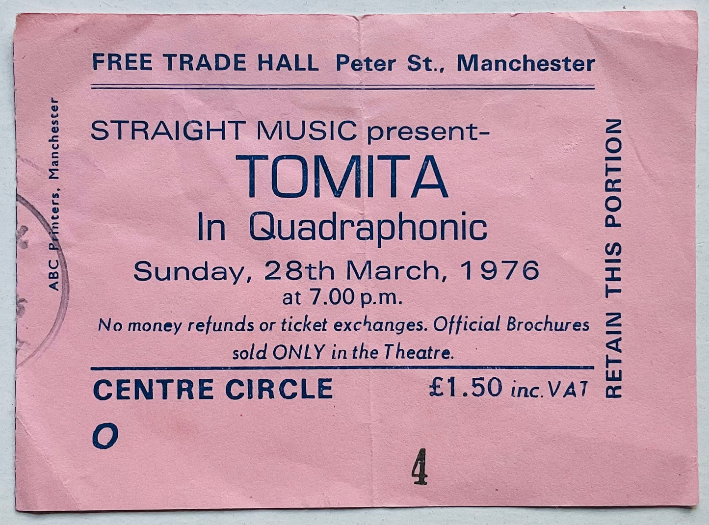 Isao Tomita Original Used Concert Ticket Free Trade Hall Manchester 28th Mar 1976