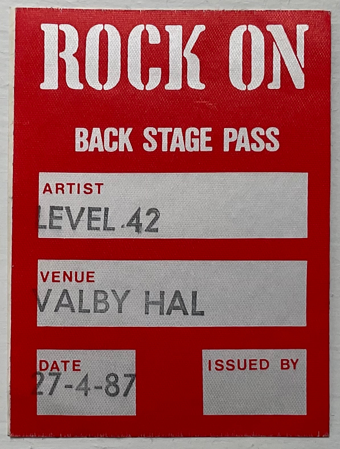 Level 42 Original Unused Concert Backstage Pass Ticket Valby Hallen Copenhagen 27th Apr 1987