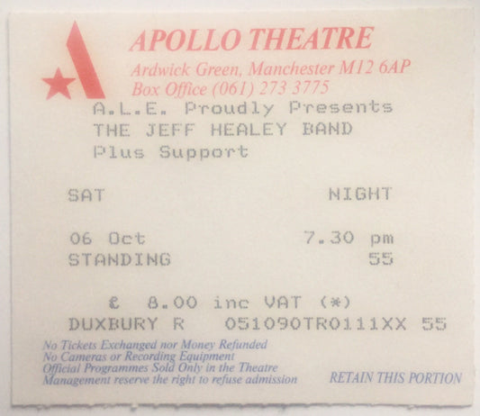 Jeff Healey Band Original Used Concert Ticket Apollo Theatre Manchester 6th Oct 1990