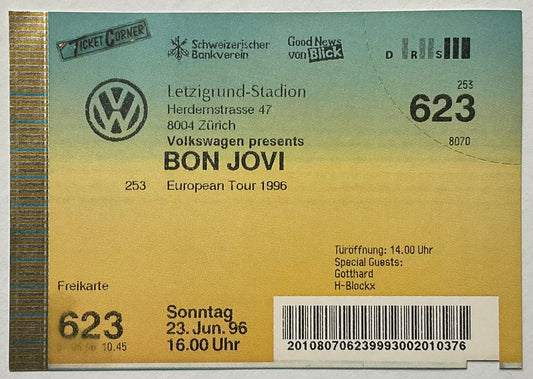 Bon Jovi Original Used Concert Ticket Letzigrund Stadion Zurich 23rd Jun 1996