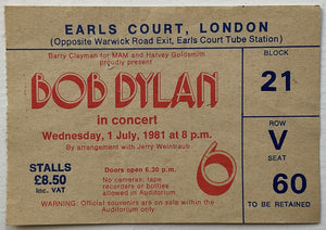 Bob Dylan Original Used Concert Ticket Earls Court London 1st Jul 1981