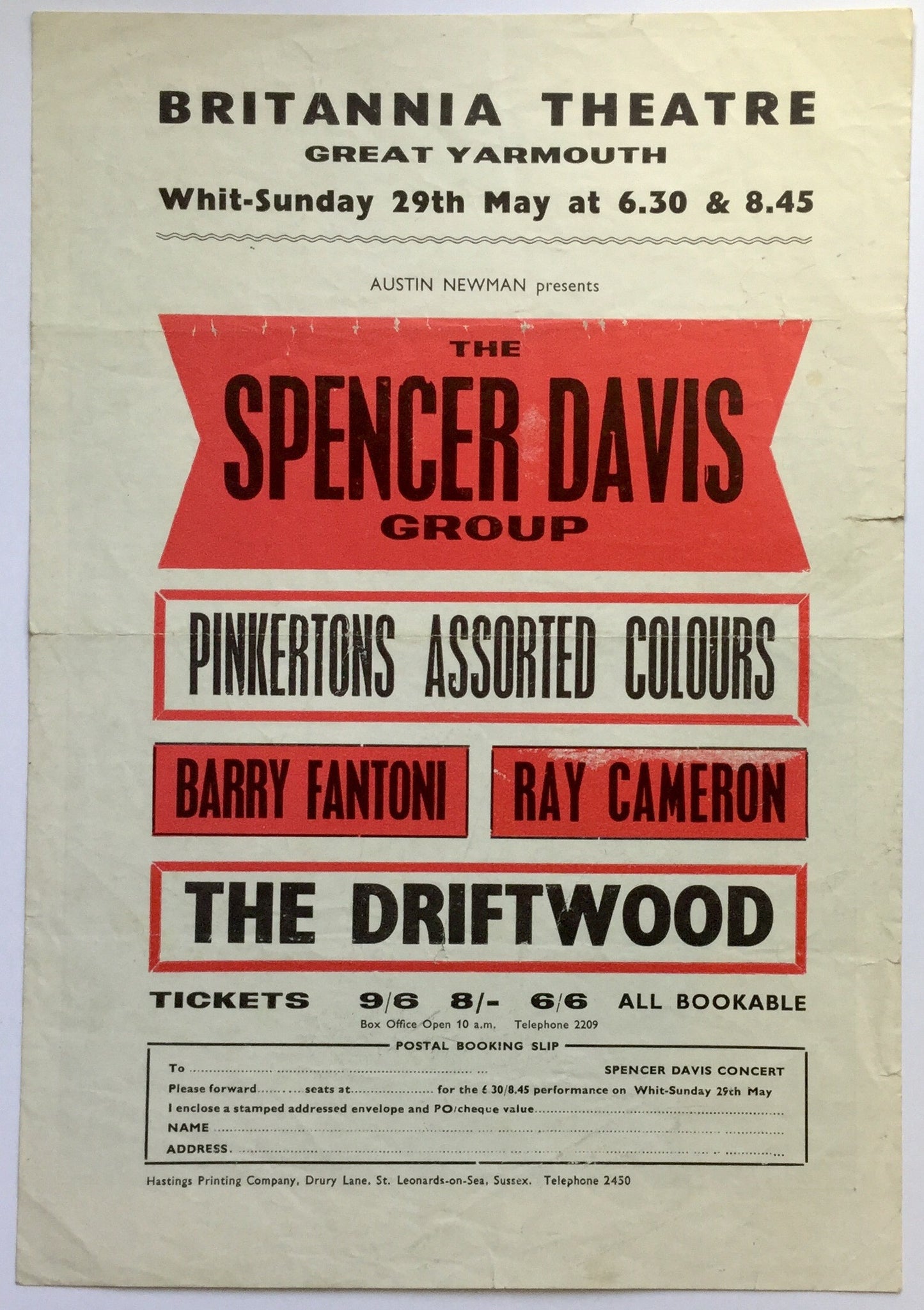 Spencer Davis Group Original Concert Fully Signed Handbill Flyer Britannia Theatre Great Yarmouth 1966