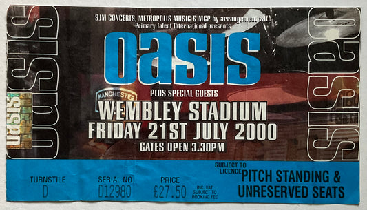 Oasis Original Used Concet Ticket Wembley Stadium London 21st July 2000