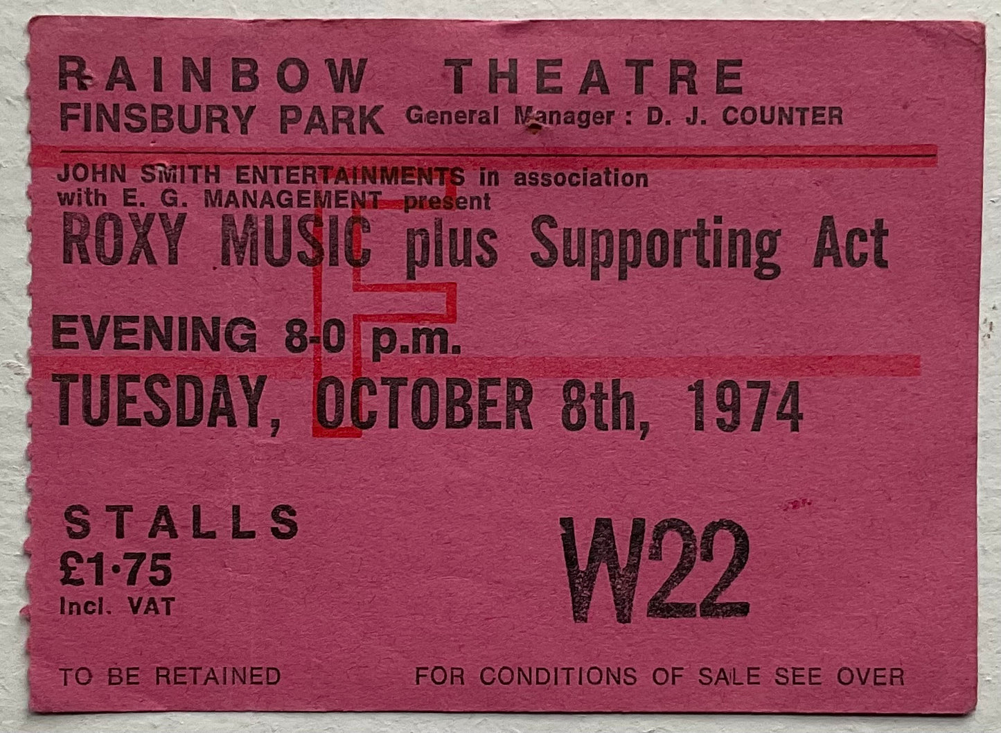 Roxy Music Original Used Concert Ticket Rainbow Theatre London 8th Oct 1974