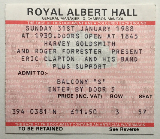 Eric Clapton Original Used Concert Ticket Royal Albert Hall London 31st Jan 1988