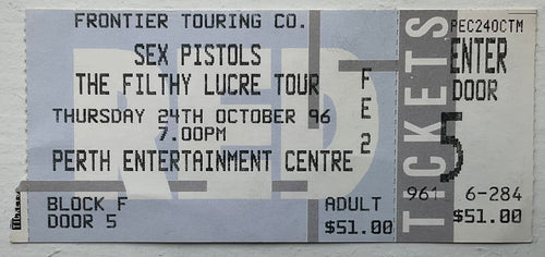 Sex Pistols Original Used Concert Ticket Perth Entertainment Centre 24th Oct 1996