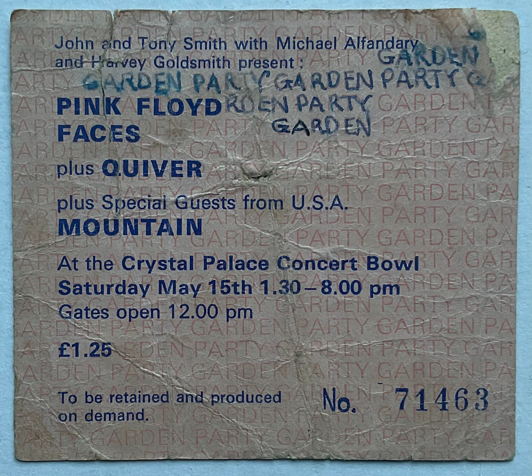 Pink Floyd Original Used Concert Ticket Crystal Palace Concert Bowl 15th May 1971