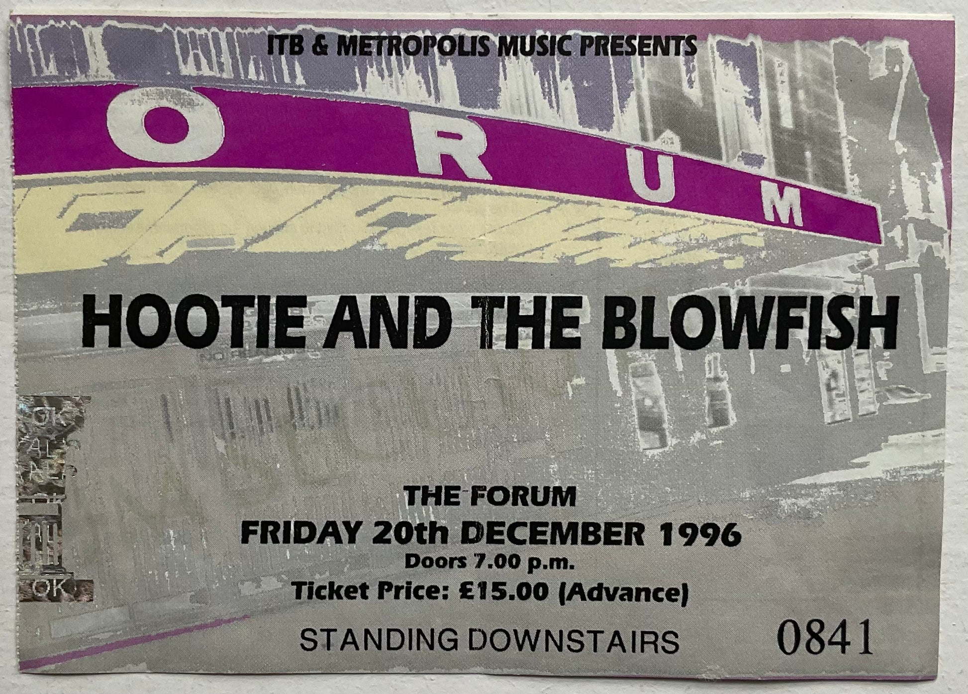 Hootie & the Blowfish Original Used Concert Ticket Forum London 20th Dec 1996