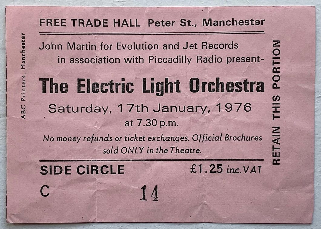 Electric Light Orchestra ELO Original Used Concert Ticket Free Trade Hall Manchester 17th Jan 1976