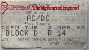 AC/DC Original Used Concert Ticket NEC Arena Birmingham 8th March 1988