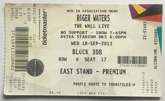 Pink Floyd Roger Waters Original Used Concert Ticket Aviva Stadium Dublin 18th Sept 2013