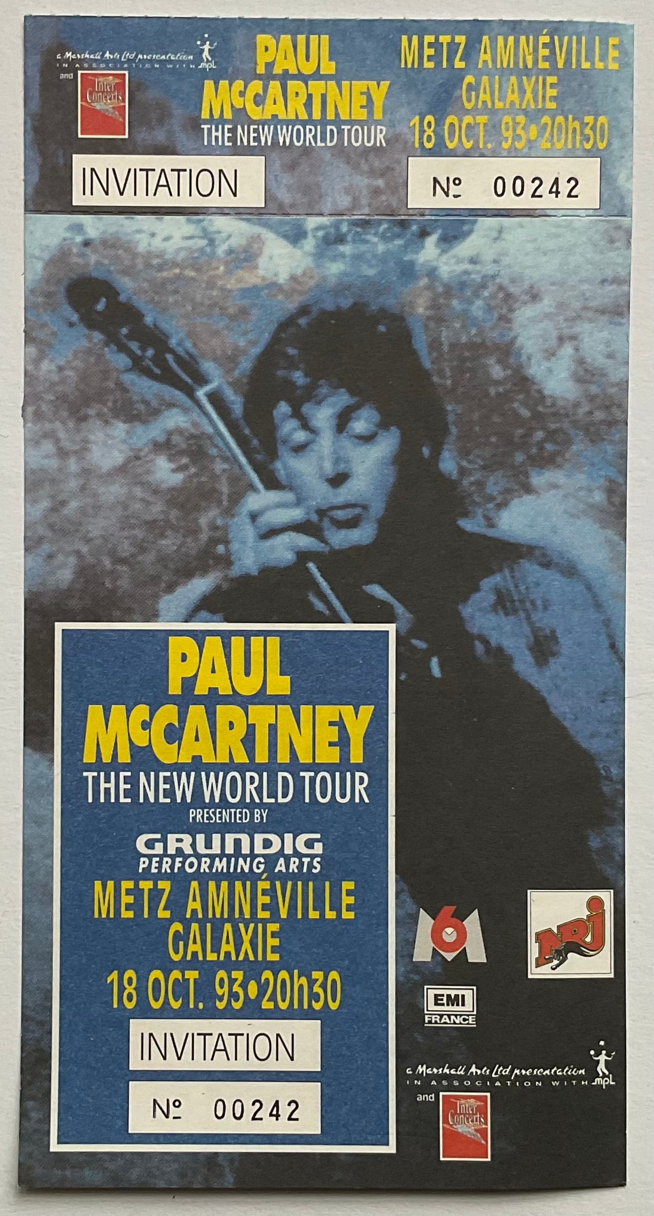 Beatles Paul McCartney Unused Invitation Concert Ticket Galaxie Metz 18th Oct 1993