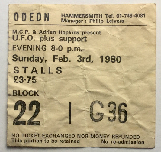 UFO U.F.O. Original Used Concert Ticket Hammersmith Odeon London 3rd Feb 1980