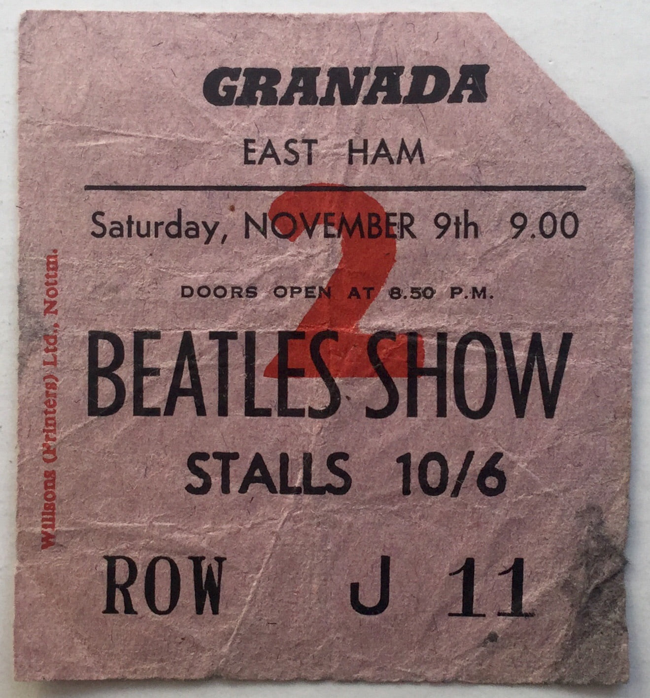Beatles Original Used Concert Ticket Granada Theatre East Ham 9th Nov 1963