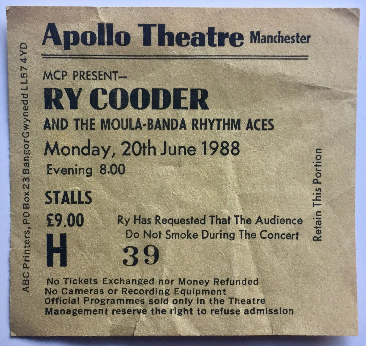 Ry Cooder Original Used Concert Ticket Apollo Theatre Manchester 20th June 1988