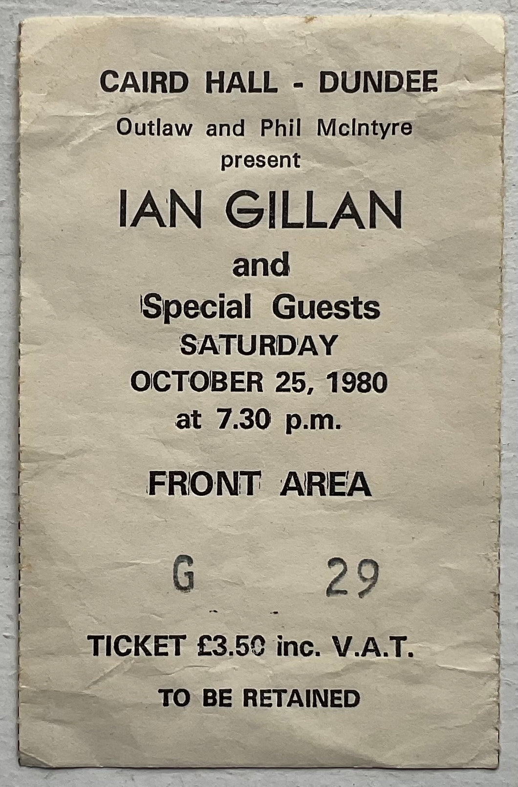 Deep Purple Ian Gillan Original Used Ticket Caird Hall Dundee 25th Oct 1980