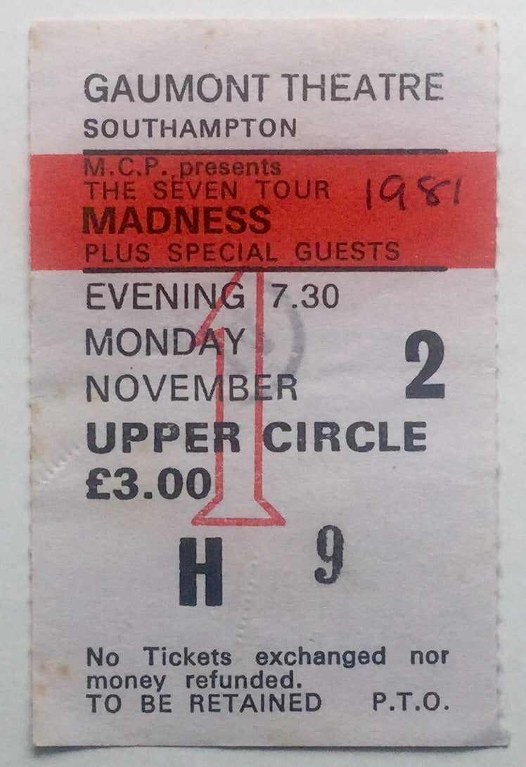 Madness Original Used Concert Ticket Gaumont Theatre Southampton 2nd Nov 1981