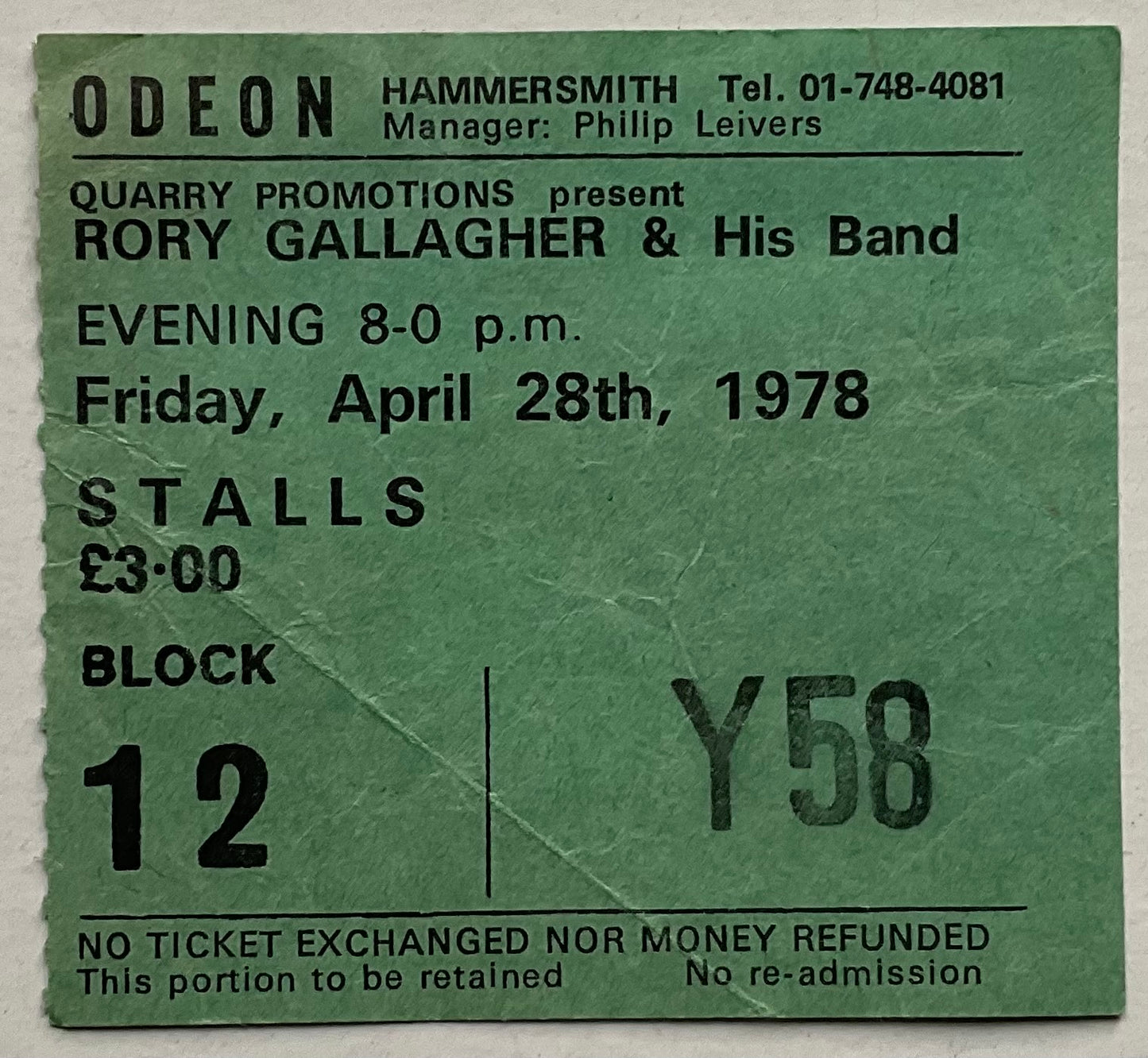 Rory Gallagher Original Concert Ticket Hammersmith Odeon London 28th Apr 1978