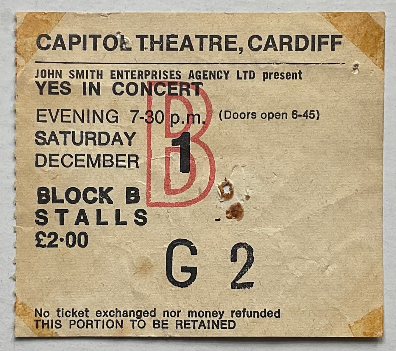 Yes Original Used Concert Ticket Capitol Theatre Cardiff 1st Dec 1973