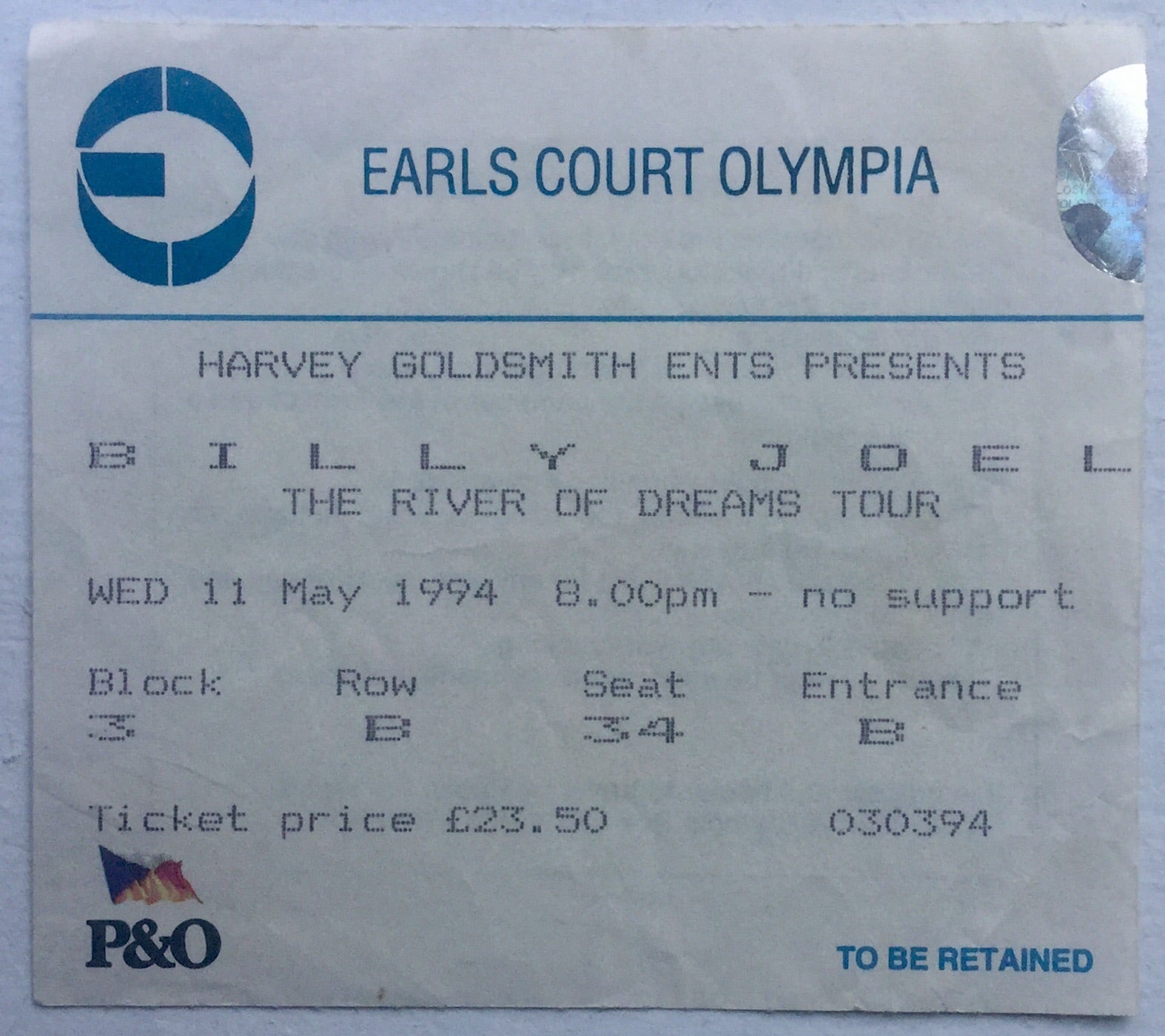 Billy Joel Original Used Concert Ticket Earls Court London 11th May 1994