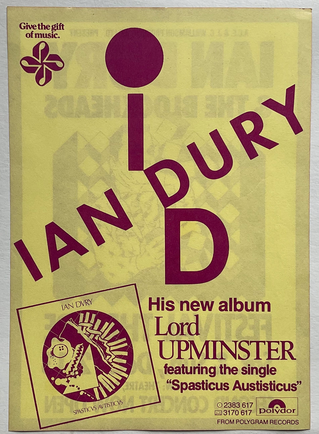 Ian Dury & the Blockheads Original Handbill Flyer Festival Theatre Adelaide 12th & 13th Dec 1981