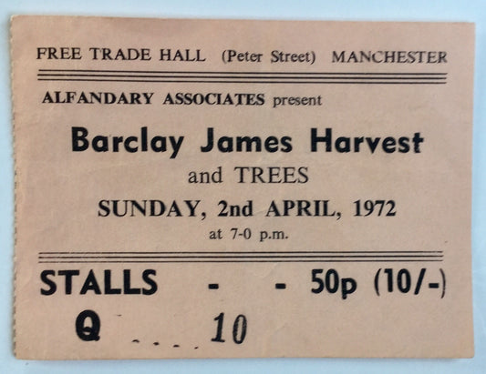 Barclay James Harvest Original Used Concert Ticket Free Trade Hall Manchester 2nd April 1972