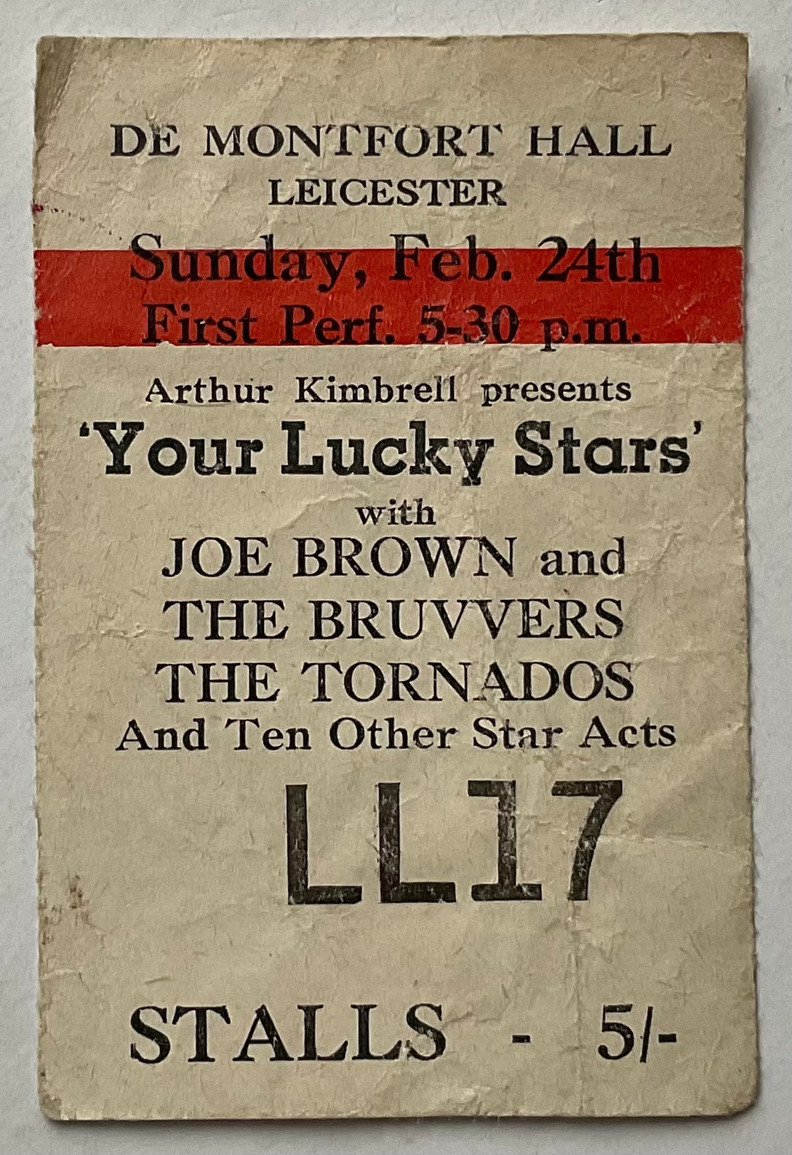 Joe Brown Susan Maughan Tornados Original Used Concert Ticket De Montfort Hall Leicester 24th Feb 1963