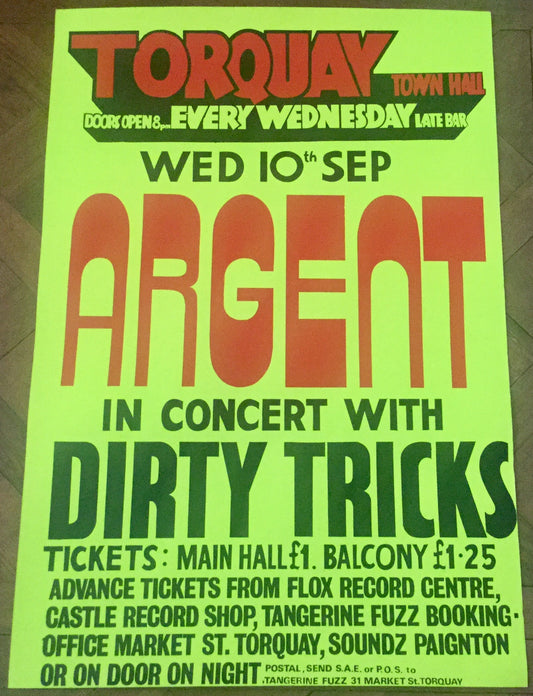 Argent Original Concert Tour Gig Poster Torquay Town Hall 10th Sept 1975