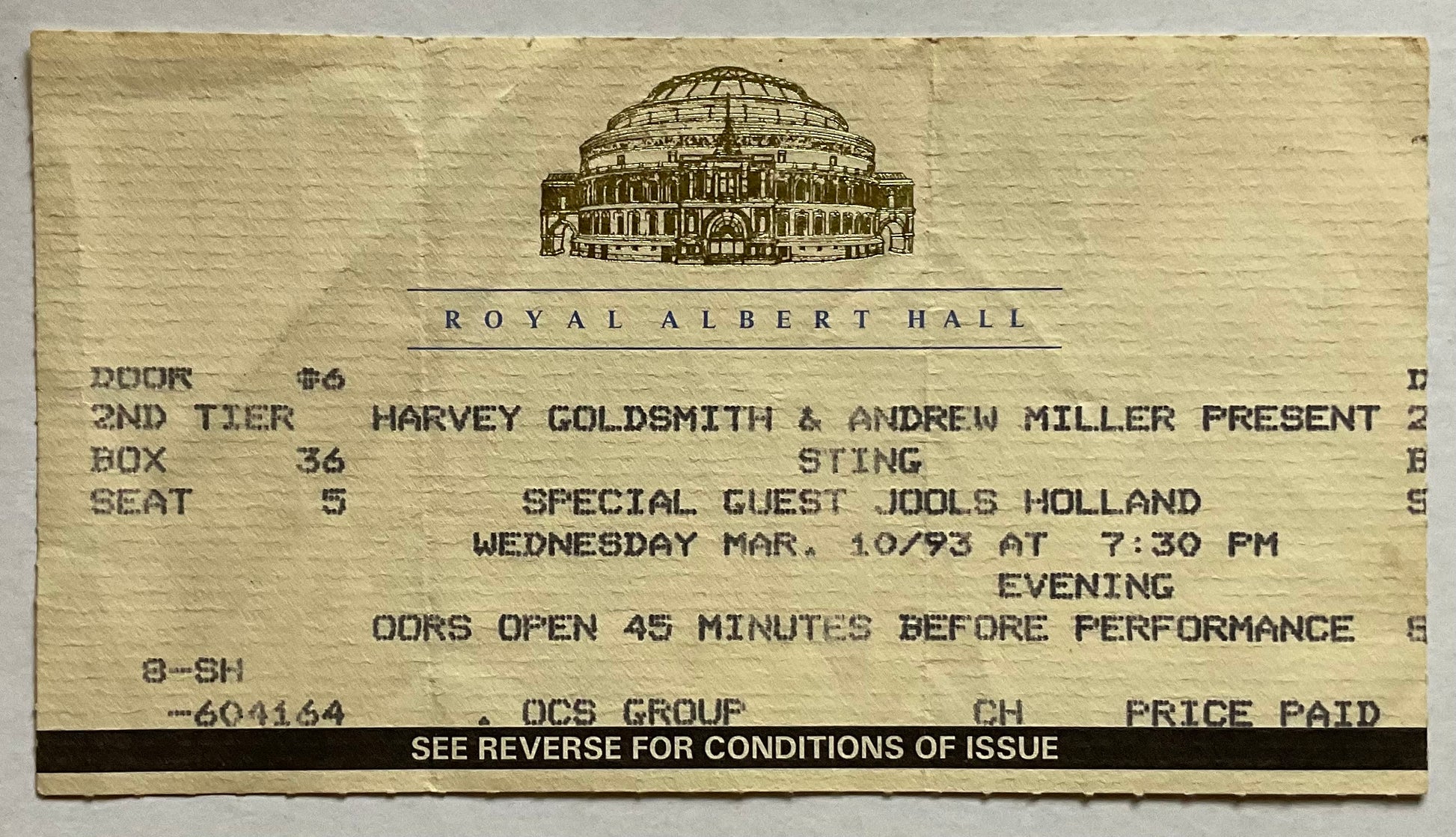 Sting Original Used Concert Ticket Royal Albert Hall London 10th Mar 1993